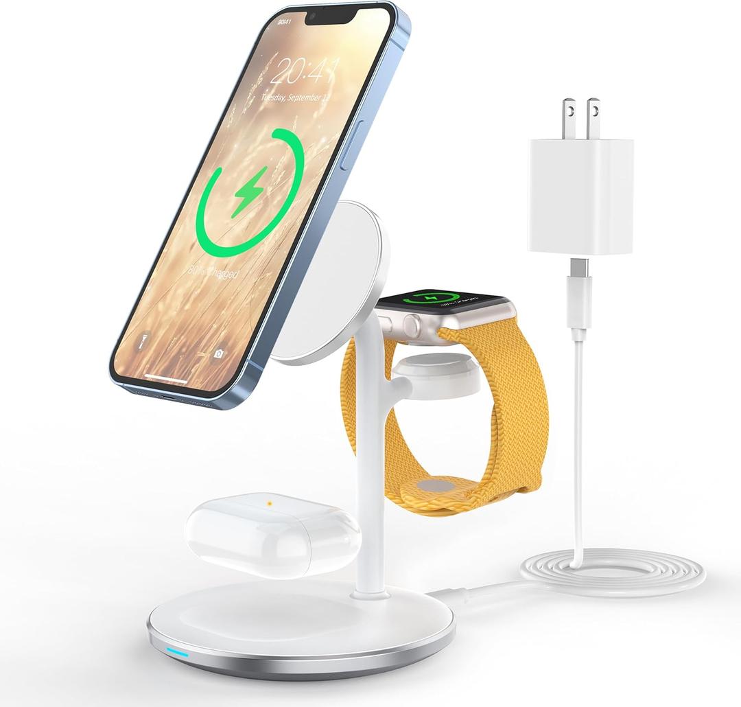 3 in 1 Wireless Charging Station for Multiple Devices, 15W Fast Wireless Mag-Safe Charger Stand for iPhone 14 13 12 Pro Max/Plus/Pro/Mini, Mag Charger for iWatch Ultra/8/7/SE/6/5/4/3/2, AirPods (White)