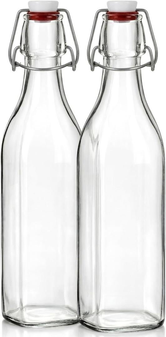 Clear SQUARE Swing Top Glass Bottles With Lids - 33.75 Oz - Airtight Flip Top Glass Water Bottles Great For Oil And Vinegar, Beverages, Juices, Smoothies - (2 Pack) (Not For Carbonated Beverages)
