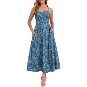 Annebouti Women 2025 Summer Fall Ruched Maxi Dress Adjustable Spaghetti Strap Floral Beach Long Sundress with Pockets S Purple Green