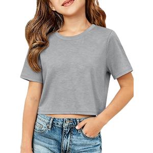 ZDC Girls Short Sleeve Crop Tops Kids Casual Crewneck T-Shirts Basic Tees 5-14 Years