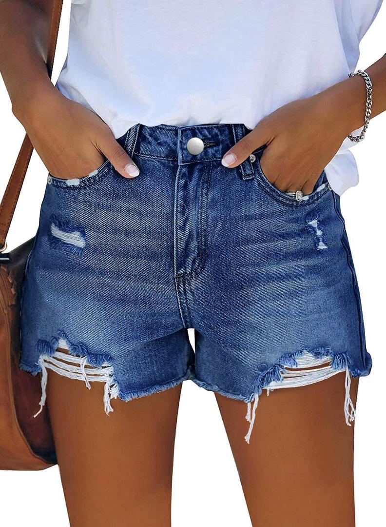 MINGALONDON Women's Denim Shorts Summer Mid Waist Ripped Raw Cut Hem Distressed Stretchy Jean Shorts (L)
