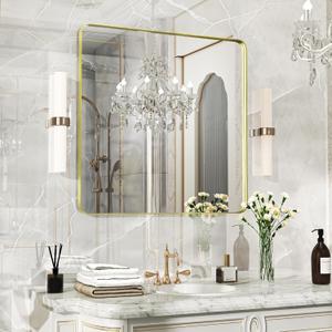 Gold Bathroom Mirror 32x32 Inch, Wall Mounted Vanity Mirror with Metal Frame, Tempered Glass, Large Modern Farmhouse Wall Mirror for Bathroom, Horizontal or Vertical Hanging