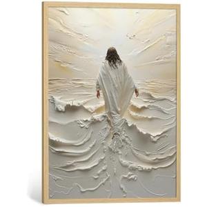 Jesus Walking on Water Wall Art Natural Wood Framed Religious Wall Decor Christian Paintings for Living Room Bible Verses Pictures for Bedroom Modern Christian Canvas Art 16x24 Inch
