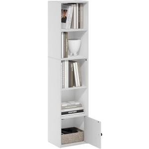 Furinno LUDER Book Shelf, 5-Tier Modern Bookshelf, Bookcase with 1 Door Storage Cabinet, 9.3 x 12 x 52, for Organization and Storage, for Living Room, Bedroom, Home Office, White