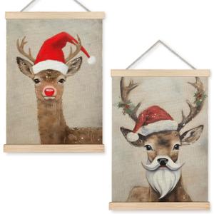 YTRGI Christmas Reindeer Mooses Art Decor, Christmas Reindeer Wall Decor, Vintage Red Nosed Elk Mooses Poster Hanger Frame, Mooses Gifts 12x16 In Set of 2