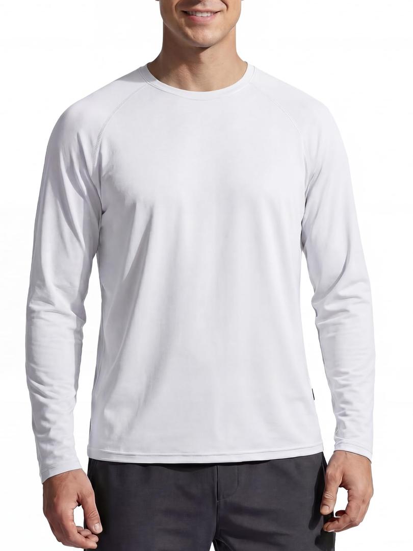 qualidyne Men's Sun Shirt Long Sleeve, 4-Way Stretch Quick Dry Lightweight Rash Guard for Fishing Running Hiking White