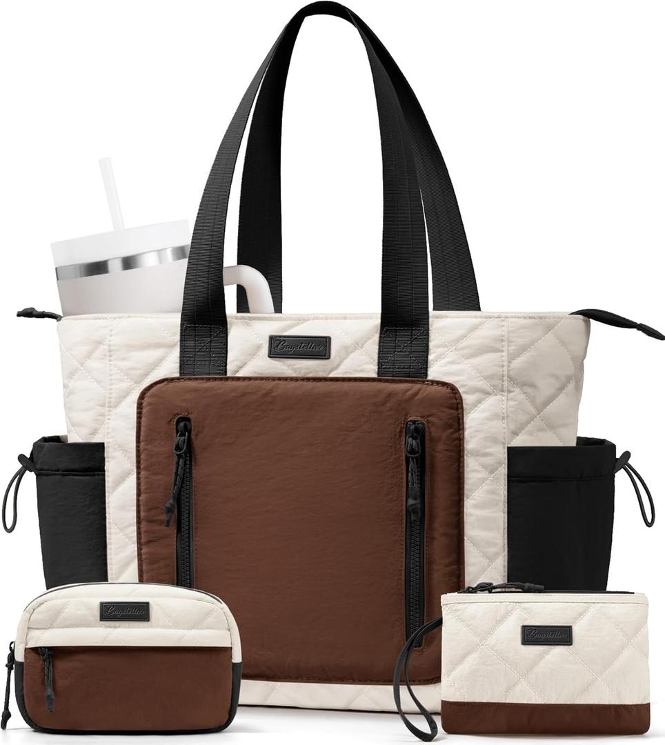 Bagstellar Puffer Tote Bag for Women, Lightweight Puffy Work Laptop Handbag Teacher Nurse Quilted School Daily Travel Gym Bag | Daily Carry On Bags, Comfy College Bags, 15.6" Computer Bag, Clinical Nursing Bag, 40 OZ Tumbler Holder, Ideal Gift for Women (Cream-brown-black)