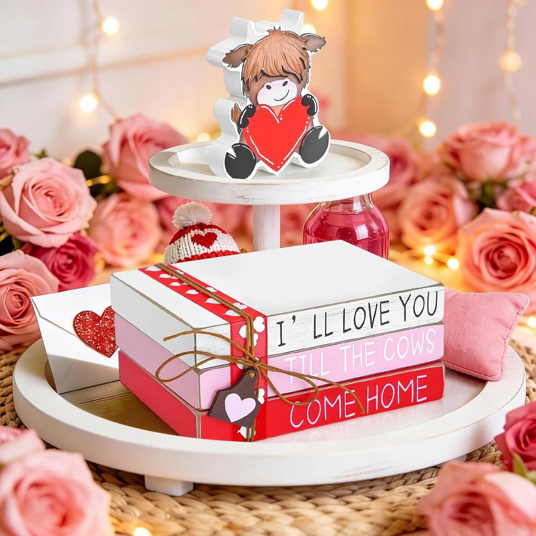 Valentines Day Decorations,4PCS Valentines Tiered Tray Decor,Pink Highland Cow Wood Book Stack Sign,Valentines Table Decor Centerpieces for Fireplace Mantle Home Decor,4.7 * 3.5 * 0.7"