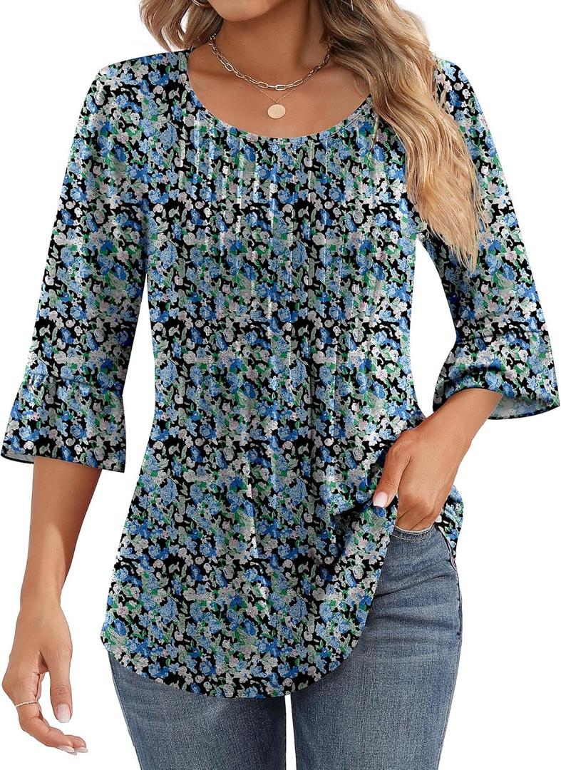 Ficerd Women's 3/4 Bell Sleeve Tops Crew Neck Pleated Shirts Trendy Dressy Casual Loose Fit Tunic Blouses (XX-Large, Blue Floral)