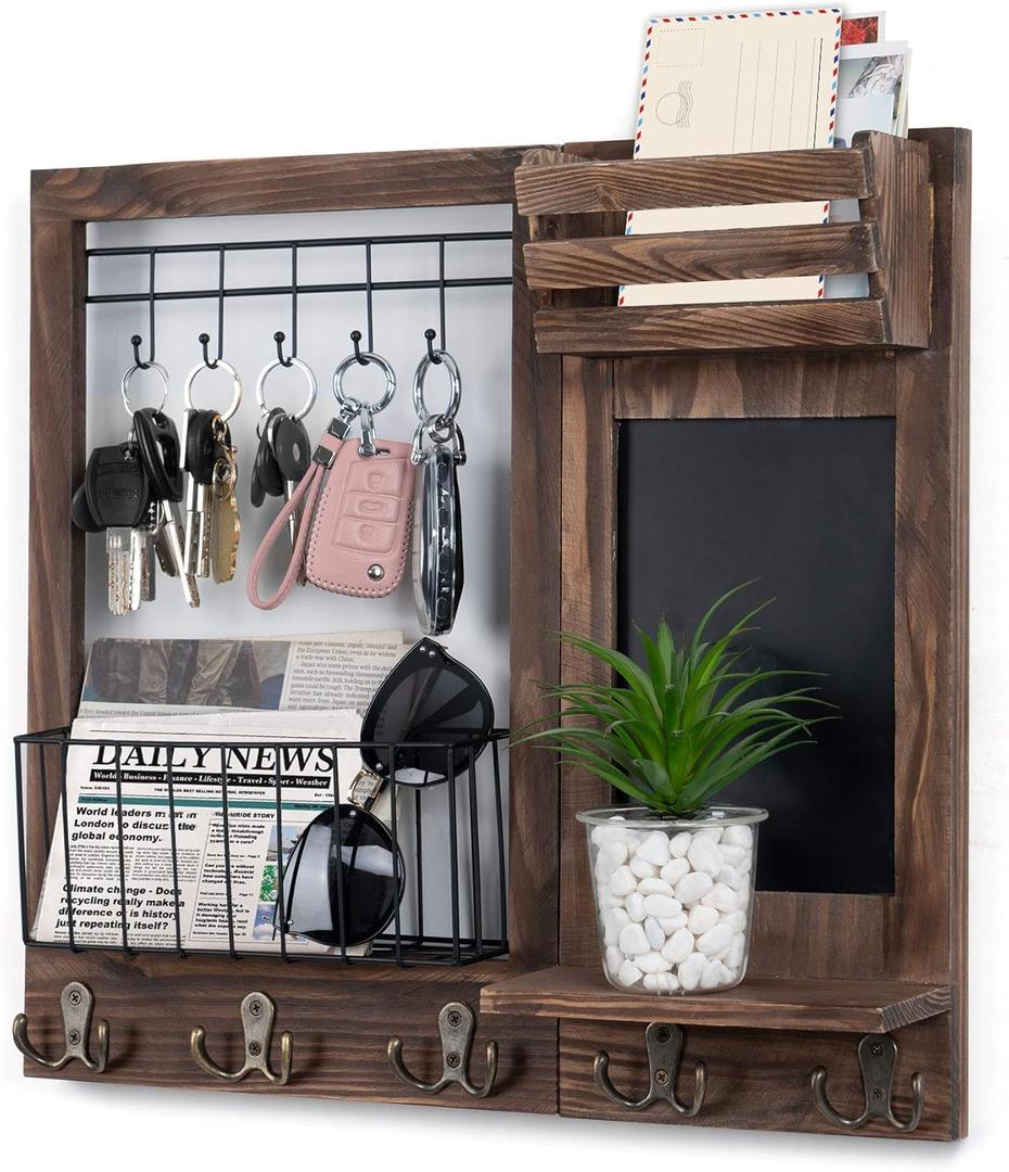 Key Holder for Wall, Mail Organizer Wall Mount with 5 Hooks and Shelf, Home Decorative with 5 Double Hooks and Chalkboard for Home Coat/Letter/Dog Leash/Entryway/Hallway/Living Room Decor (Burnt Paulownia)