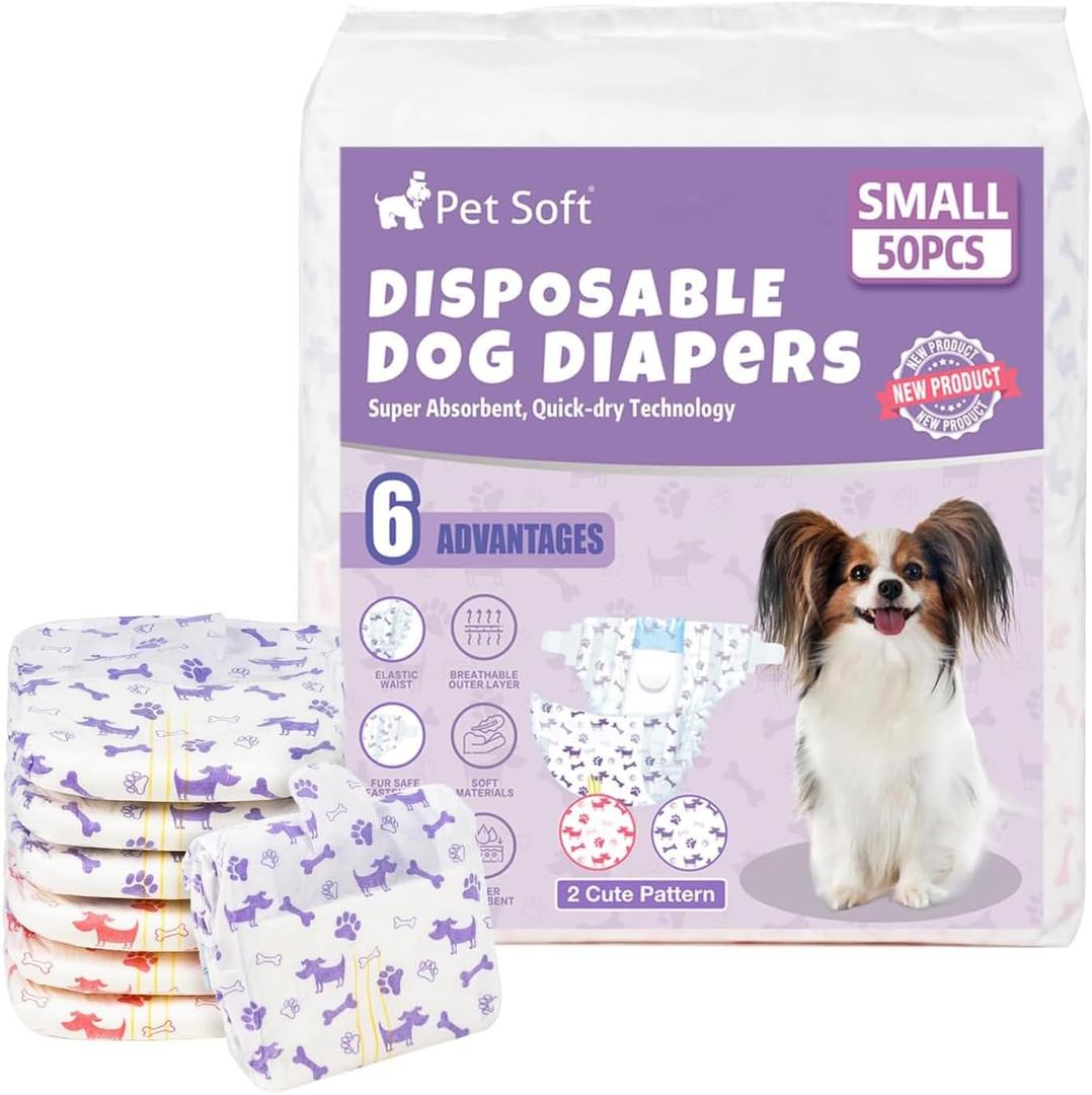 Pet Soft Female Dog Diapers - Disposable Doggie Diapers with Wetness Indicator, Puppy & Cat Diaper Super Absorbent, Fit for Female Dog in Heat or Incontinence, 50pcs, Size S