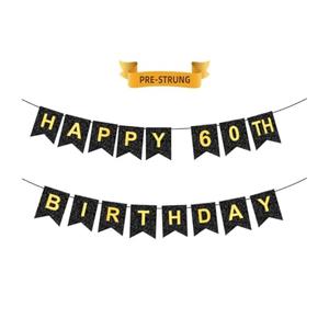 HAPPY 60TH BIRTHDAY Banner, Pre-Strung, Black Gold 60th Birthday Party Decorations, Happy 60 Year Old Bdy Party Bunting, Sixty Birthday Flag