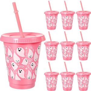 10 Pcs Halloween Ghost Plastic Cups with Lids and Straw Pink Ghost Boo Tumbler 16oz Reusable Drinks Cups for Cold Hot Coffee Movie Night Birthday Halloween Party Decorations