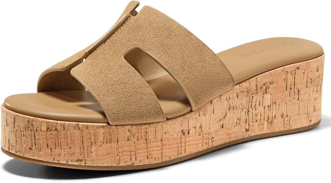 Coutgo Women's Platform Wedge Sandals Open Toe Slip On Slides Cork Heeled Cutout Comfortable Summer Shoes, Coffee, Size 6