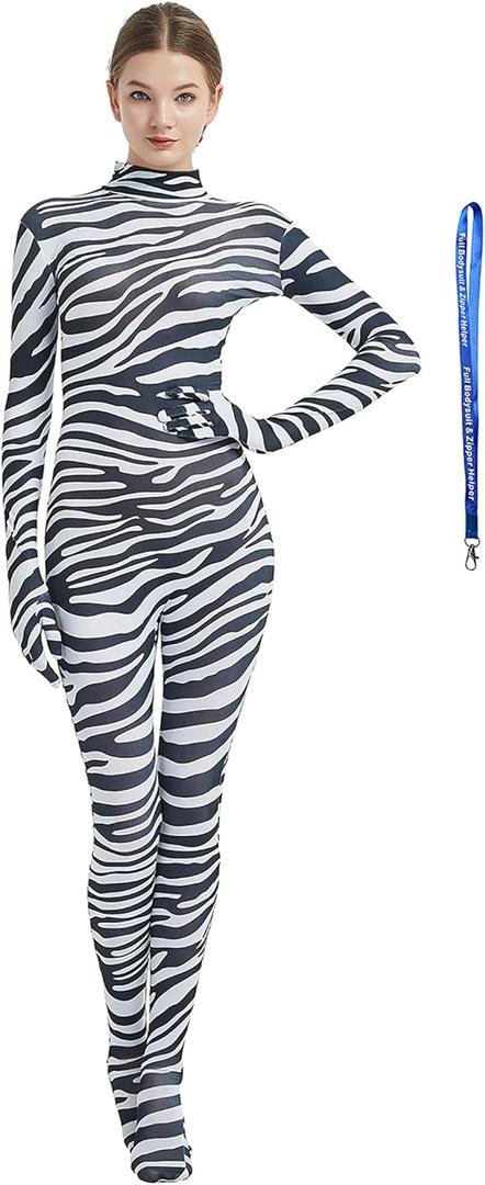 Full Bodysuit Include Zipper Helper Womens Costume Without Hood Spandex Zentai Unitard Body Suit (Large, Zebra)