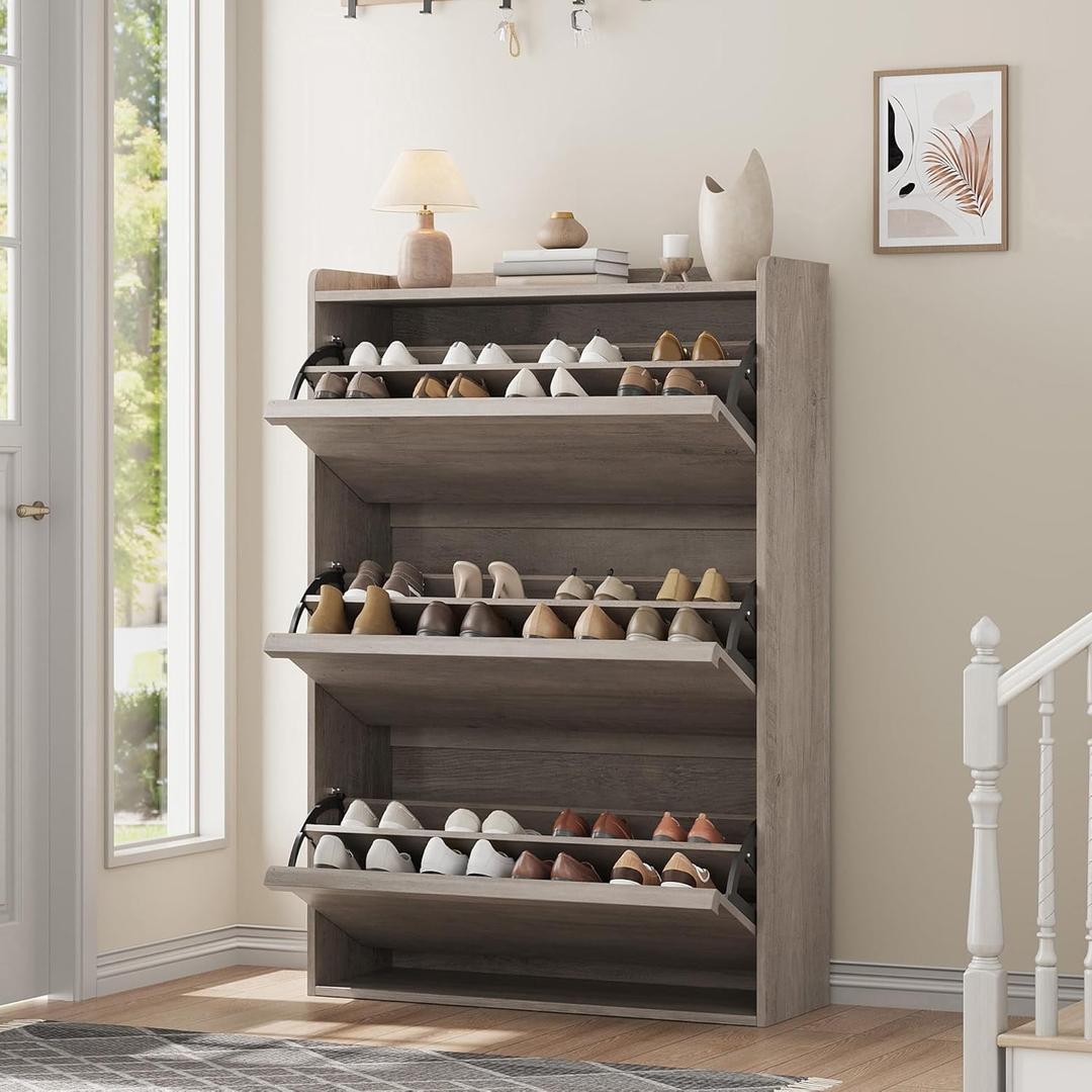 GarveeHome Shoe Cabinet with 3 Flip Drawers, Wooden Shoe Organizer Cabinet with Adjustable Shelf, Shoe Storage for Entryway, Hidden Shoe Cabinet for Hallway, Living Room, Grey