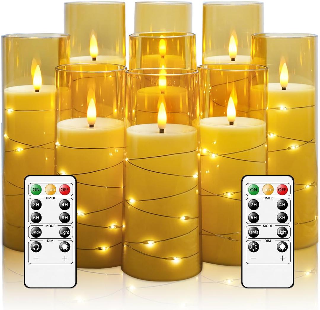 Flameless LED Candles with Timer 9 Pc Flickering Flameless Candles for Romantic Ambiance and Home Decoration Stable Acrylic Shell,with Embedded Star StringBattery Operated CandlesGold