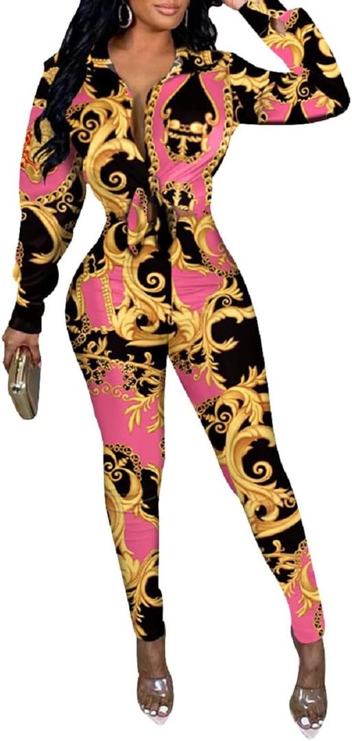 Glozeplus 2 Piece Outfits for Women Sexy Bodycon Long Sleeve Crop Tops Long Pants Sets Floral Print Tracksuits Jumpsuits (Large, Colorful10883-5)