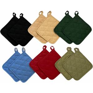 12 Pack Square Pot Holders 100% Cotton Heat Resistant Hotpads for Cooking Kitchen Potholder Set Trivet for Cooking Baking Camping House with Hanging Loops, Size: 8x8inch, Machine Washable (Red, Black, Green, Moss, Blue, Beige)