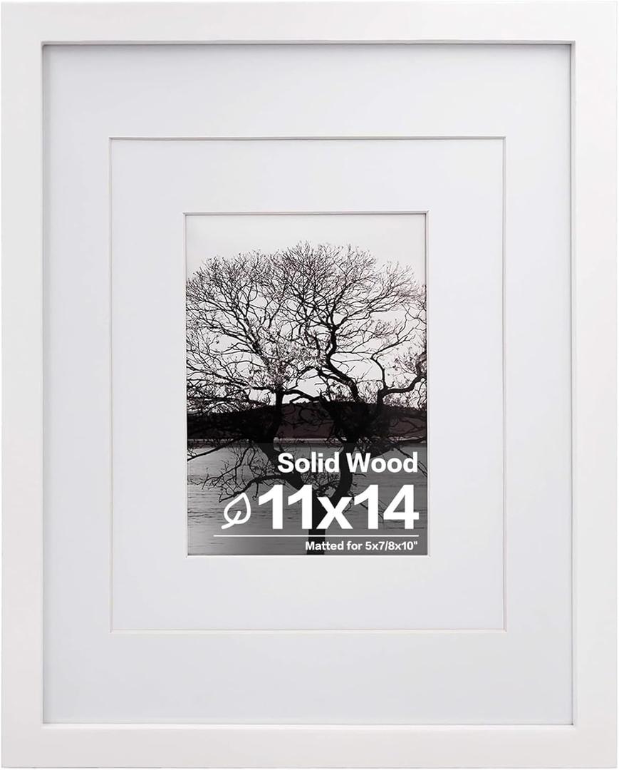 Egofine 11x14 Picture Frame White - Photo Frame Made of Solid Wood Covered by Plexiglass for Table Top Display Pictures 5x7/8x10 with Mat or 11x14 Without Mat