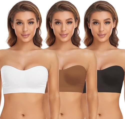 Lusait Strapless Bra for Women Non-Slip Silicone Padded Bandeau Bra Wireless Tube Top Bralette Black+White+Brown, 3Pack, 2XL