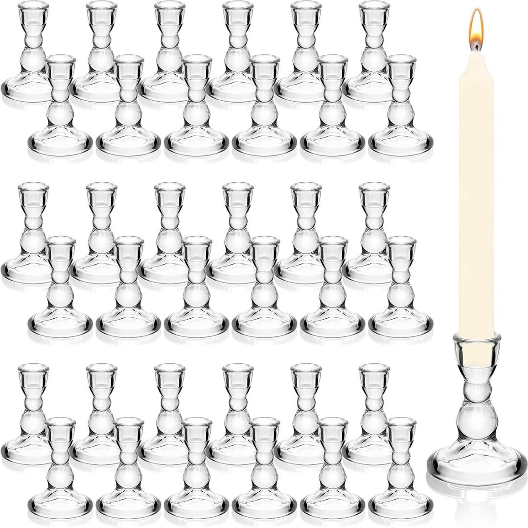 Set of 36 Clear Glass Taper Candle Stick Holders Bulk Small Tapered Pillar Candlestick Holders for Wedding Table Centerpieces Holiday Party Windowsill Decor
