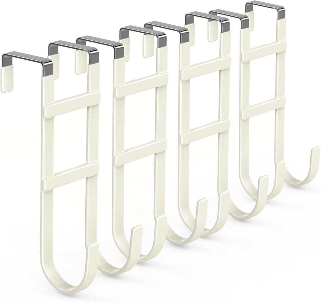 FYY Over The Door Hooks - 4 Pack Heavy Duty Dual-Hook Organizer Hanger with Non-Slip Rubber for Towels, Clothes, Hats & Bags Use in Bathroom, Bedroom, Kitchen - Fits Interior Doors Up to 1.6" Beige