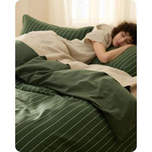 Bedsure Striped Duvet Cover Queen Size, 100% Washed Cotton PureWoven Duvet Cover Linen Like Textured, Classic Striped Pattern Enhances Bedroom Comfort and Style, Stripes Olive Green, 90"x90"