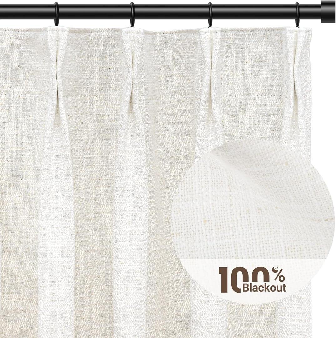 100% Blackout Shield Pinch Pleated Curtains 96 Inches Long, Linen Blackout Curtains for Bedroom/Living Room, Thermal Insulated Blackout Drapes with Liner, Beige White, 110x84''