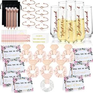79 Pcs Maid of Honor Proposal Gifts Bridesmaids Proposal Gift Set Matron of Honor Gift Will You Be My Bridesmaid Champagne Flutes Hair Scrunchies Bracelet Card Diamond Pen(Pink)