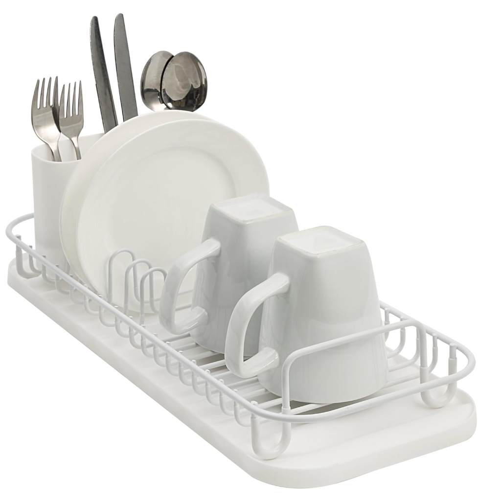Small Dish Drying Rack, Compact Dish Rack for Kitchen Counter, Stainless Steel Dish Drainer, Dish Strainer with Cutlery Holder, White