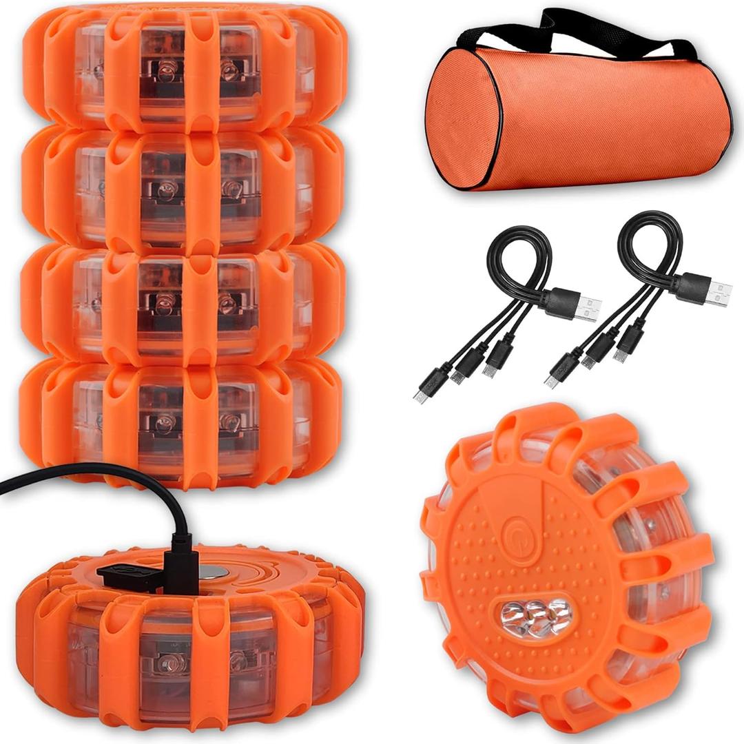 USB Rechargeable LED Road Flares Emergency Lights-Roadside Warning Car Safety Beacon Flashing Disc Flare Kit with Magnetic Base for Vehicles & Boat | 6 Beacon Disc Pack