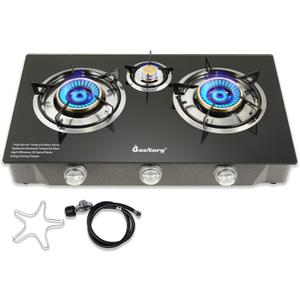 Propane Stove 3 Burner Gas Stove 32000 BTU Auto Ignition Tempered Glass LPG Cooktop with CSA Hose for Outdoor Cooking, Emergency