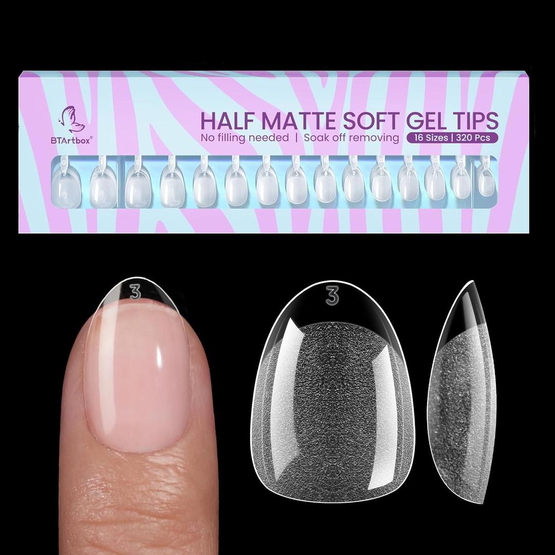 BTArtbox Extra Short Almond Nail Tips - 320pcs Half Matte Soft Gel Tips, Acrylic Pre-Shaped Fake Nails, Clear Ultra Fit & Natural False Nails for Nail Art, 16 Sizes