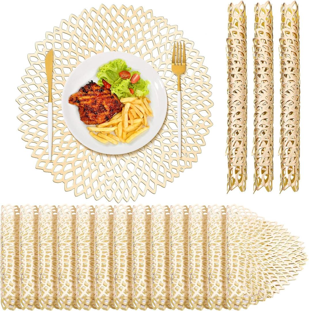 Sieral 24 Pcs Vinyl Placemats Bulk Round 15 Inch Hollow Out Leaf Design Metallic Table Placemats Pressed Charger Plates for Wedding Birthday Party Holiday Fall Home Dining Table Settings (Gold), Large
