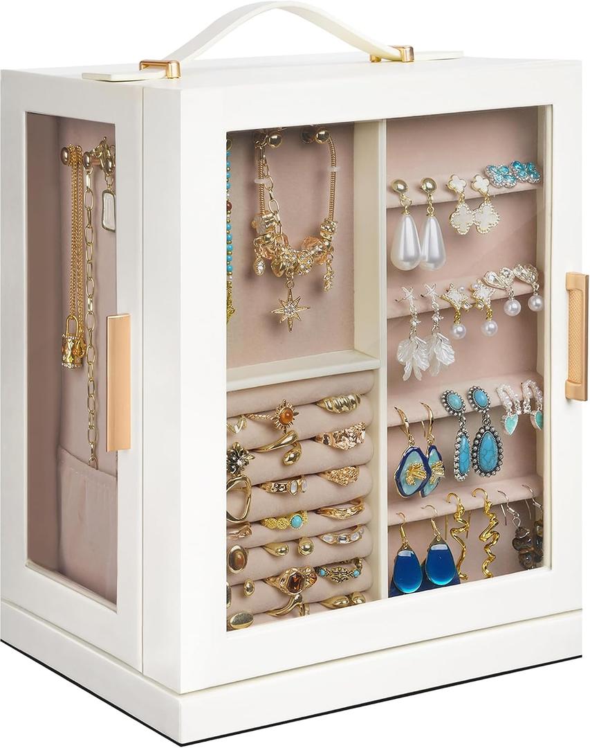 360 Rotating 5Drawers Jewelry Box with Top Handle & Glass Window, Spacious Vertical Jewelry Organizer, Jewelry Storage Case, Dustproof & Moistureresistant Design. (White)
