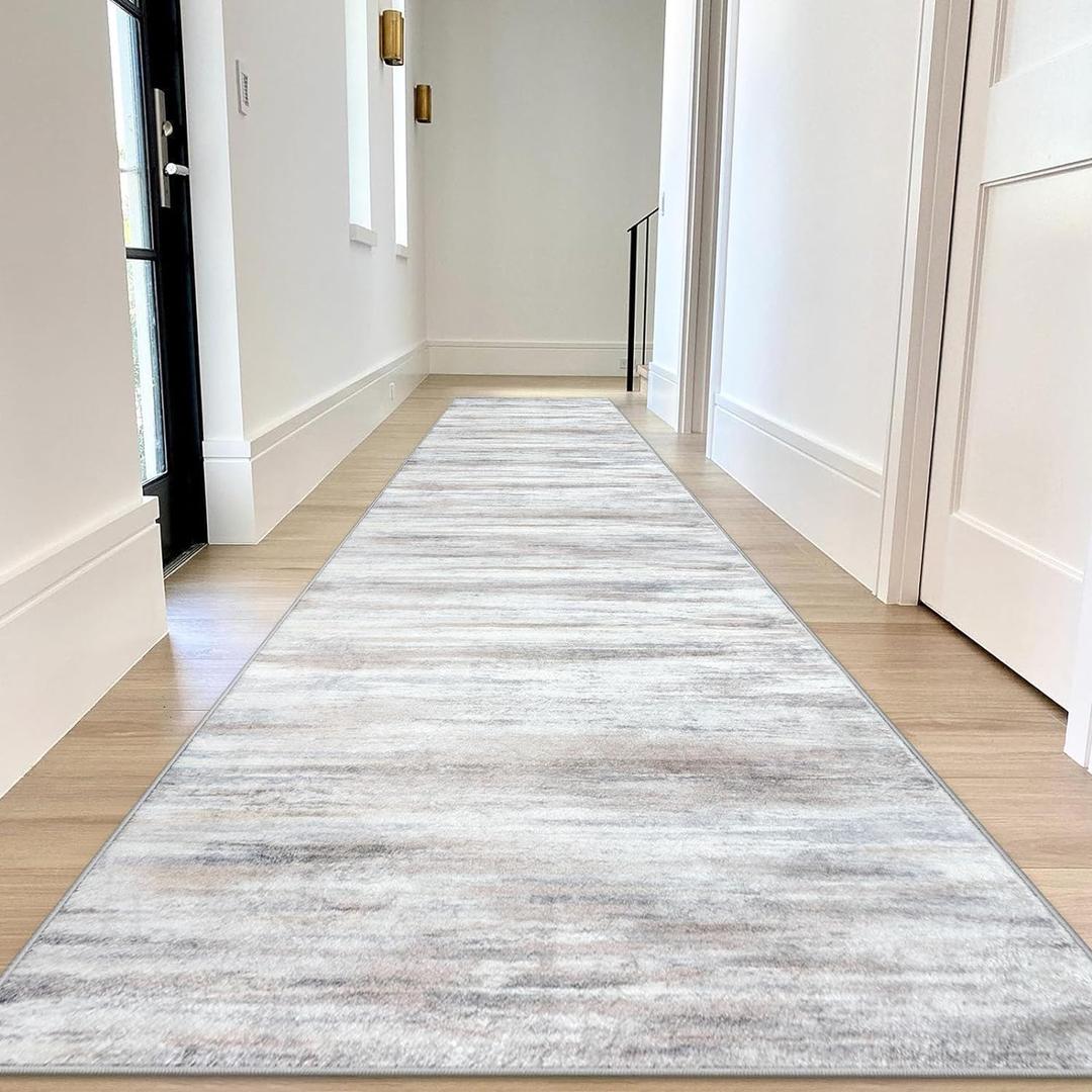 KOZYFLY Modern Abstract Kitchen Runner Rug, 2.6x12 Washable Rug Runner Non-Slip Soft Striped Hallway Runner Rugs, Beige Print Distressed Carpet Runner for Entryway Bathroom Laundry Room Foyer (Beige/Slate Pink)