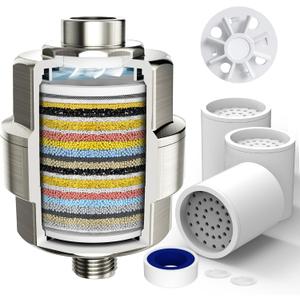 20-Stage Shower Filter-Shower Head Filter for Hard Water, with 3 Replaceable Cartridges, High Output Shower Water Filter for Removing Chlorine and fluoride, Brushed Nickel