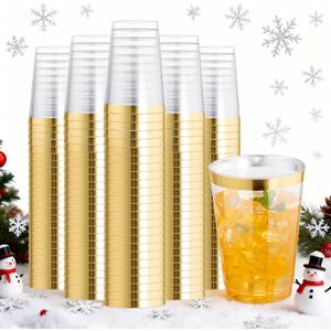I00000 200 Pack 12 oz Gold Plastic Cups, Clear Disposable Cups, Disposable Plastic Wine Glasses Cocktail Glasses Premium Cups with Gold Rim, 12 Ounce Tumblers for Party & Wedding