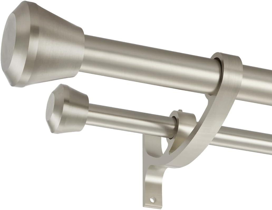 Double Curtain Rods Brushed Nickel, Window Rods 48 to 84 Inch, Heavy Duty 1-Inch Front and 5/8 Inch Back Rod, Decorative Drapery Rod With End Cap