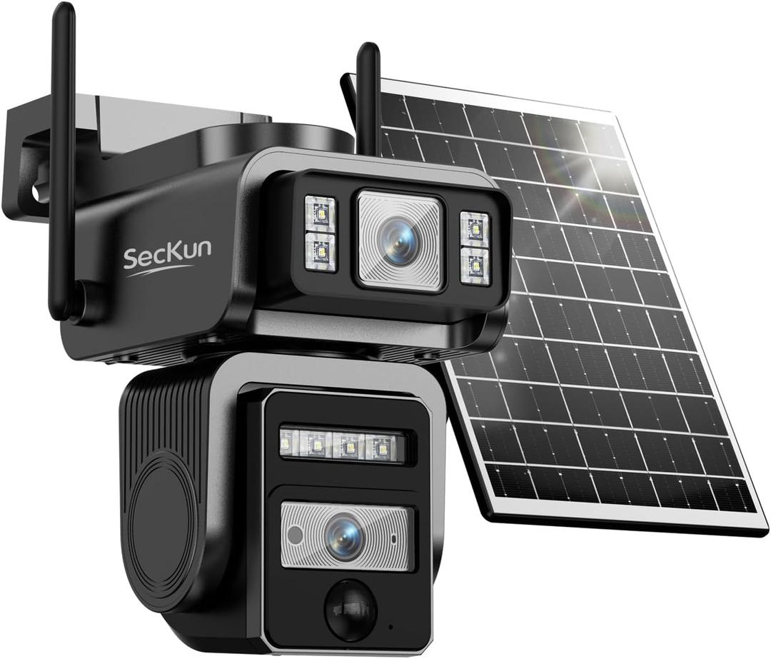 AJ19 Outdoor Solar Wireless Home Security Camera, 2.4GHz WiFi, Dual Lens 360 PTZ, IP66 Waterproof, Color Night Vision, 2-Way Audio, Motion Tracking, Dual Storage