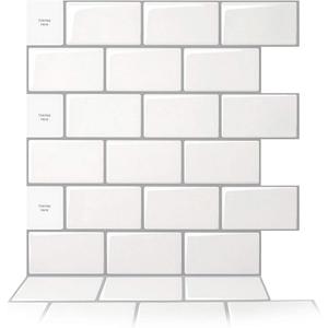 Art3d 10-Sheet Peel and Stick Backsplash, 12 in. x 12 in. Subway 3D Wall Panels, Mono White with Gray Grout