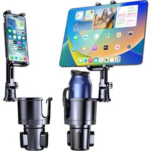 Cup Holder Phone Tablet Mount, 2 in 1 Car Cup Holder with Expander Adjustable Long Arm for Car,360Rotation Phone Tablet Mount Compatible for iPad, All Smartphones and Most Bottles