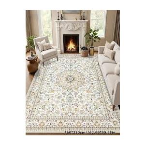 8x10 Area Rugs Living Room: Washable Rug for Bedroom Brown Beige | Boho No Slip Stain Resistant Rug Soft Indoor decor Floor Floral Area Rugs for Dining Room, Nursery, Hallway, Home Office