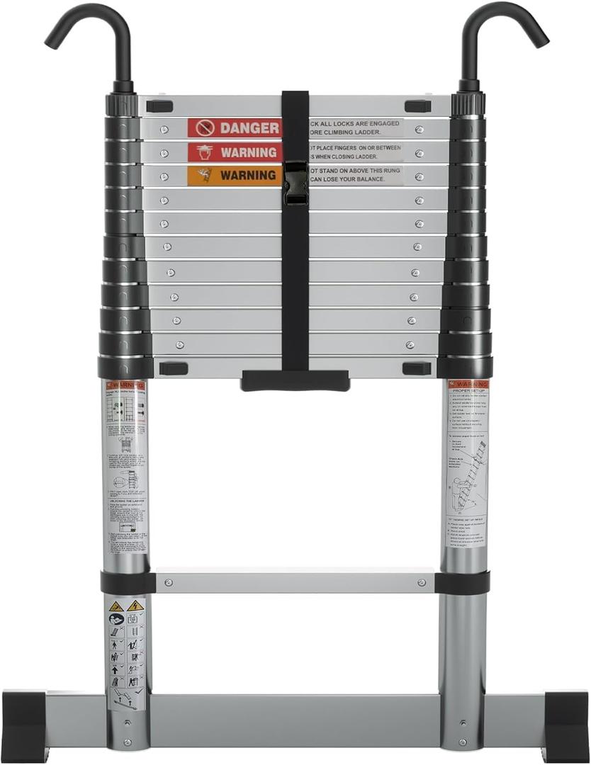 Telescopic Ladder 3.8m Soft-close, Aluminium Ladders Extendable with Hooks, Easy Pickup and Placement for Home Maintenance, Access to Lofts, Building, etc.