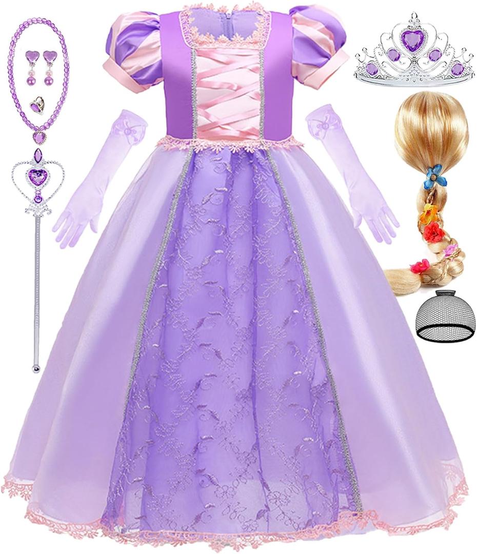 Purple Princess Costume for Girls Kids Dress up Outfit with Wig Halloween Birthday Party (3-4 Years)