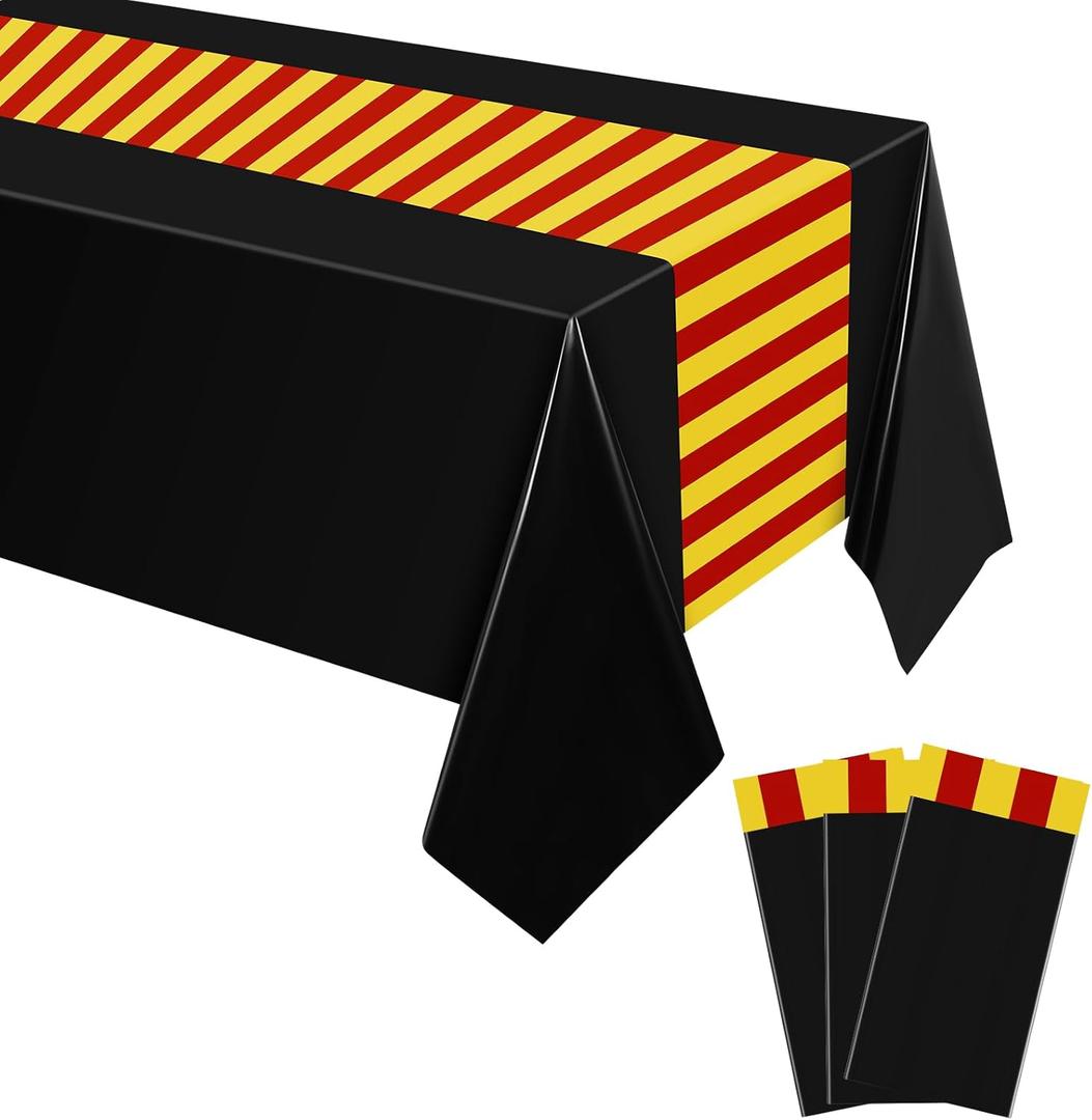 Oudain 3 Pcs Wizard Tablecloth 54 x 108 Inches Plastic Black Table Cover Red Golden Tablecloth Disposable Magical Party Supplies for Halloween Witch Birthday Party Decoration (Black Stripes)