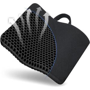 Gel Seat Cushion, for Long Sitting -Double Thick Gel Seat Cushion Breathable Honeycomb Chair Cushion with Non-Slip Cover for Office Chair Car, Wheelchair, Long Trips,Relief Sciatica Pain (Black)