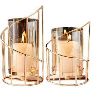 Gold Candle Holders for Table Centerpiece, Candle Holder Set of 2, Metal Wire Design, Includes Small and Large Sizes, Ideal for Pillar Candles