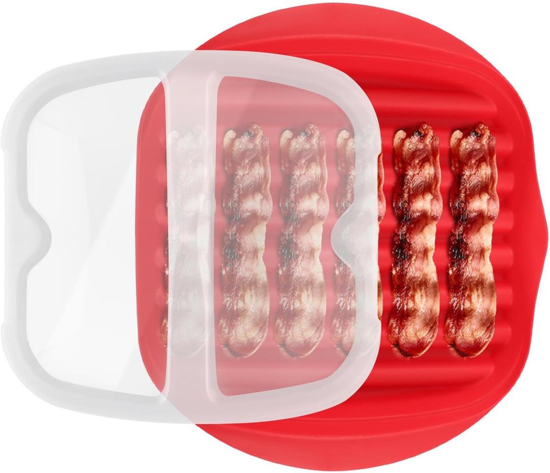 Microwave Bacon Cooker Tray Microwavable Bacon Grill with Splatter Lid Bacons Cooker Maker for Cooking Kitchen Gadget(COLOR:red)